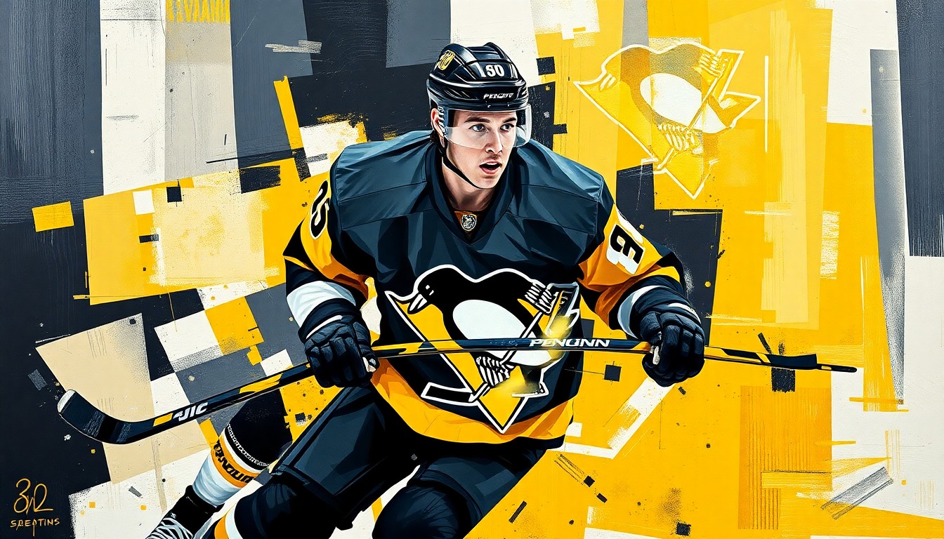 A fragmented, geometric painting depicting a hockey player in motion, with sharp, overlapping planes of black, gold, and white, conveying the Penguins' collective spirit and ability to overcome challenges.