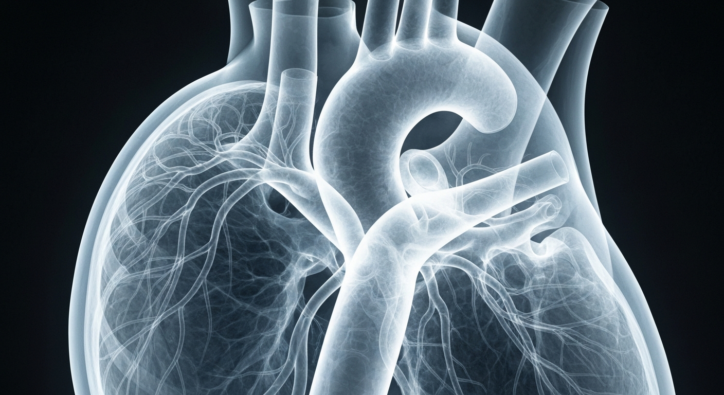 An extreme close-up, translucent X-ray photograph revealing the intricate structure of the human heart and surrounding blood vessels, conveying the importance of cardiovascular health and the potential impact of dietary choices.