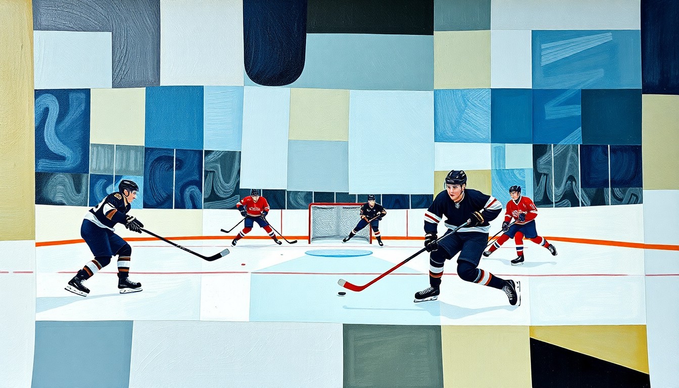 A fractured, cubist-style painting depicting the chaotic action of a hockey game, with players, pucks, and equipment rendered in sharp, overlapping geometric shapes and planes of color.