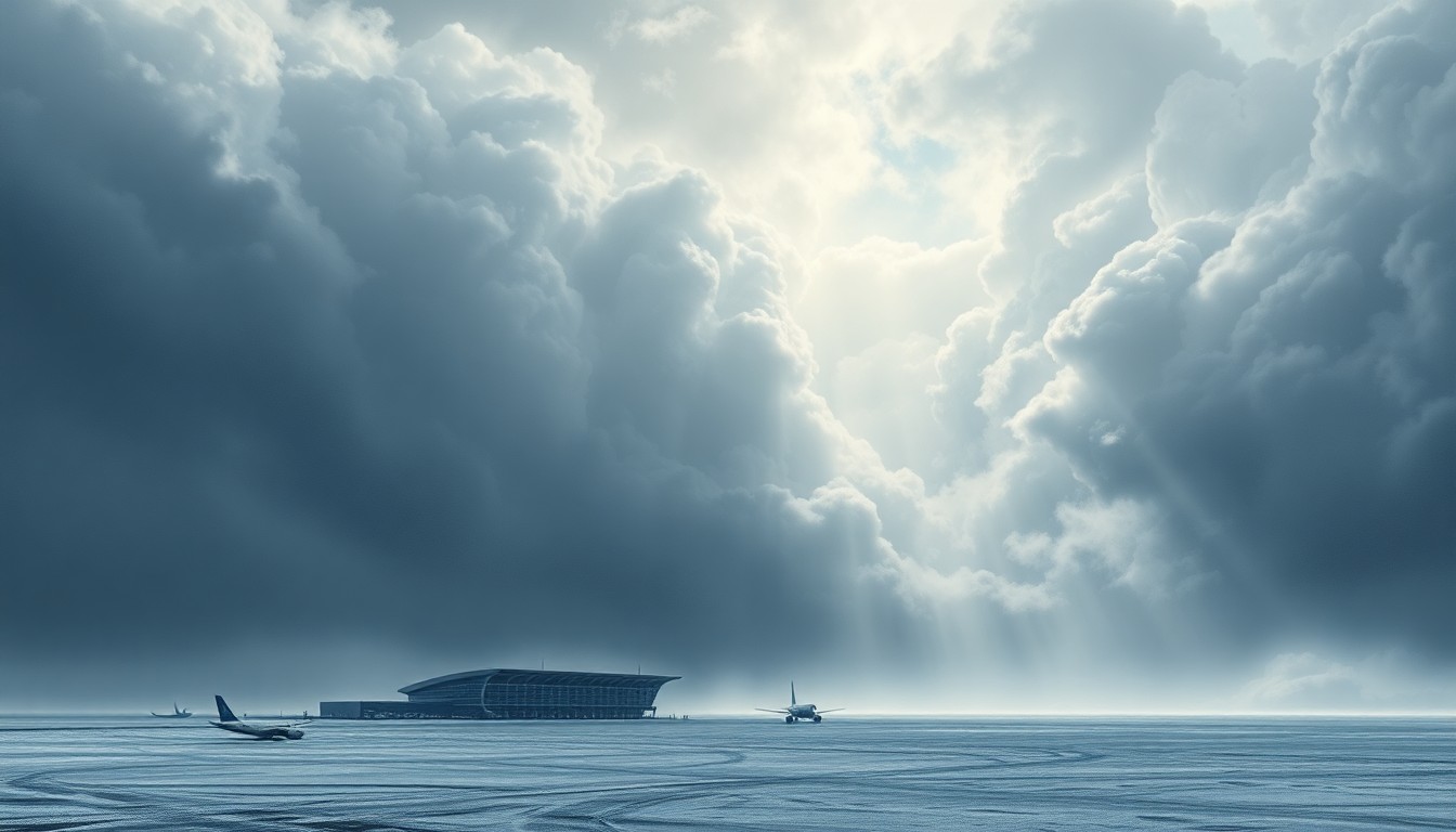 A vast, atmospheric landscape painting in muted blues and whites, with a lone airport terminal or aircraft barely visible in the distance, dwarfed by the overwhelming scale of a heavy snowstorm.