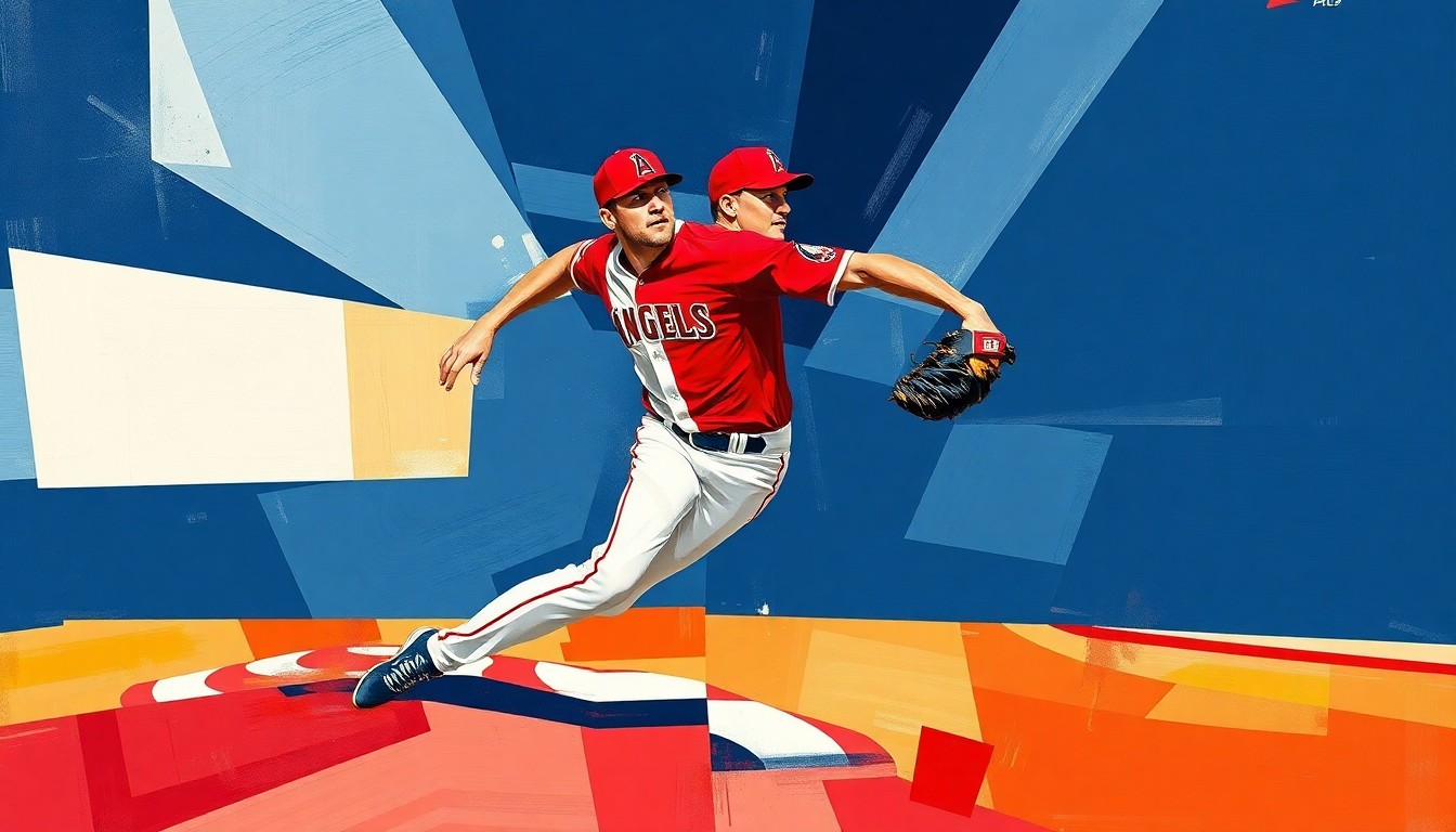 A cubist-style painting depicting a baseball pitcher's motion broken down into sharp, overlapping geometric shapes in the Angels' team colors of red, white, and navy blue.