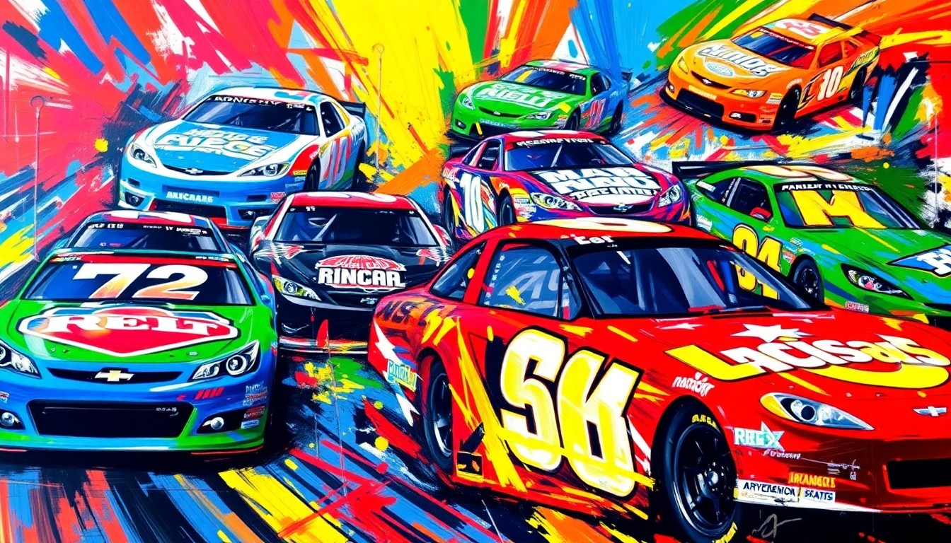 An abstract, expressionist painting featuring a dynamic, colorful composition of NASCAR race cars in motion, capturing the raw energy and speed of the sport.