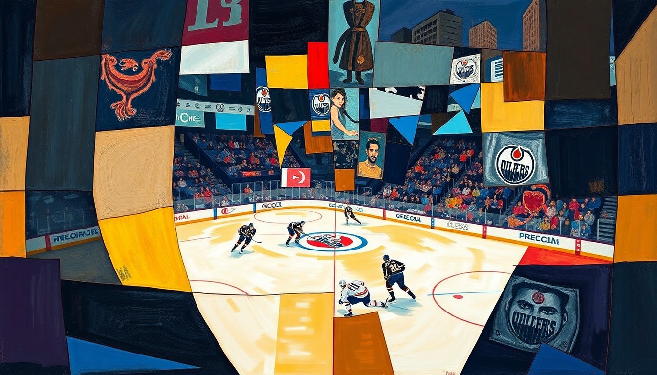 A cubist, geometric painting depicting a hockey game between the Los Angeles Kings and Edmonton Oilers, with the players and action broken down into sharp, overlapping planes of color and shape.