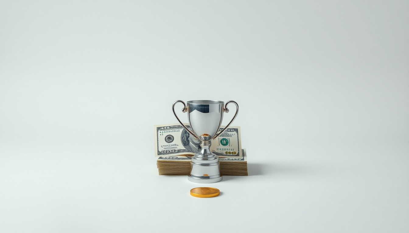 A minimalist studio still life photograph featuring a stack of dollar bills, a silver trophy, and a single gold coin, symbolizing the stark pay disparities between corporate executives and their employees.