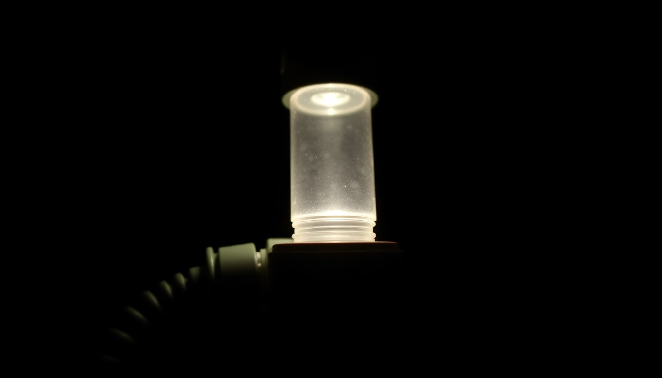An extreme close-up photograph of a medical device or piece of medical equipment related to Anadith's care, lit by a harsh, direct camera flash against a pitch-black background, creating a stark, gritty, investigative aesthetic that conceptually illustrates the failures in her medical treatment.