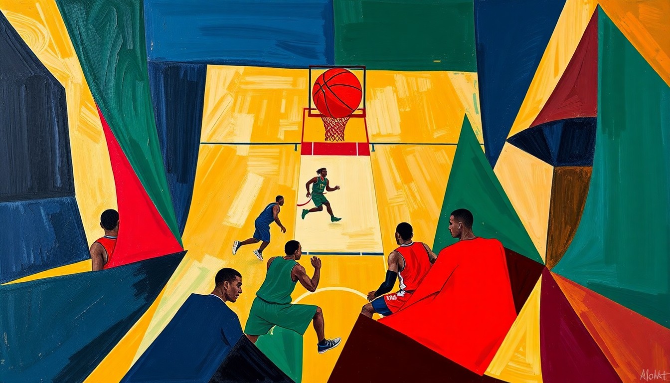 A cubist-style painting featuring overlapping geometric shapes in shades of blue, green, and red, representing the dynamic action of a basketball game.