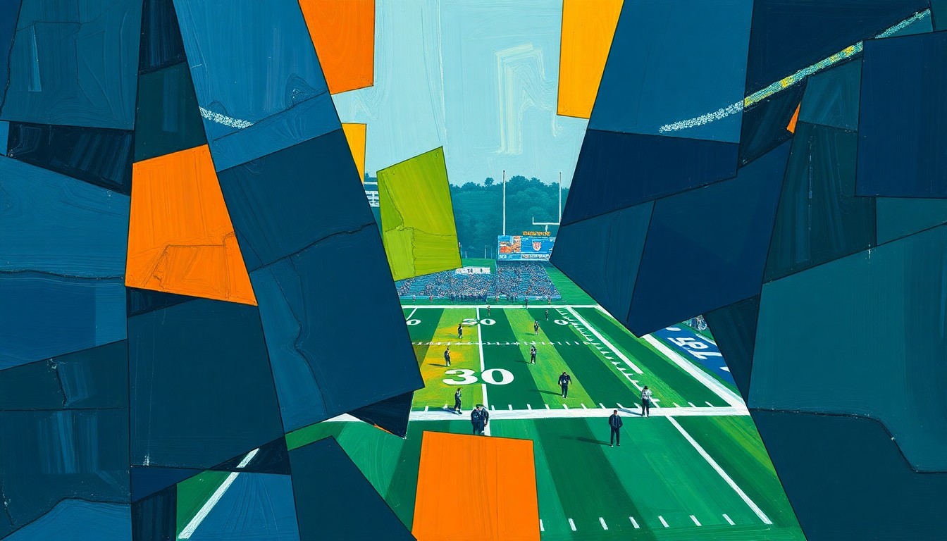A cubist, geometric painting depicting a fragmented scene of a college football game or NFL Draft, with sharp, overlapping shapes in navy, green, and orange, conceptually representing the growing divide between top-tier and smaller programs.