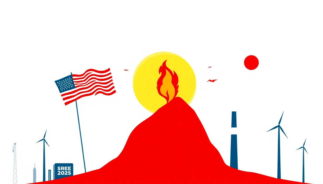 An abstract composition of overlapping triangles and circles in shades of red, blue, and yellow, conceptually representing the rising inflation and energy costs in the U.S. due to a Mideast conflict.