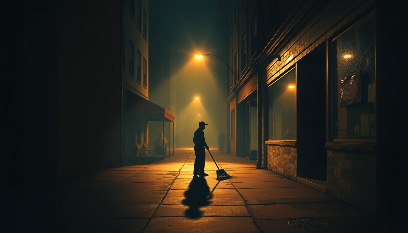 A cinematic painting of a solitary sanitation worker sweeping a dimly lit city sidewalk, with warm sunlight casting long shadows across the scene, conveying a sense of quiet urban resilience.