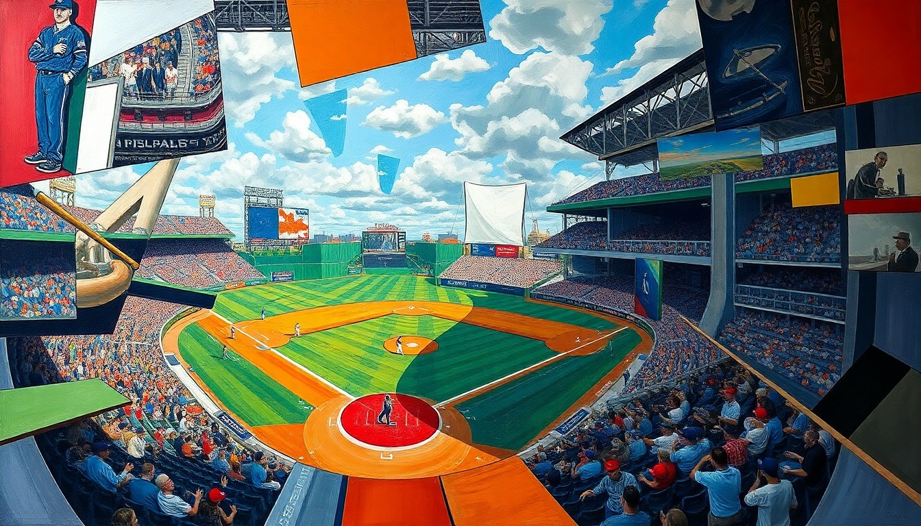 A fragmented, geometric painting depicting a baseball game, with players and the field broken down into overlapping angular shapes and planes of color.