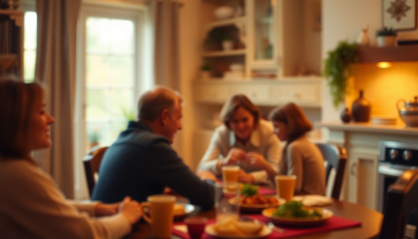 A softly blurred, out-of-focus photograph in warm, hazy tones depicting a cozy, intimate family scene, conveying a sense of comfort, community, and togetherness.