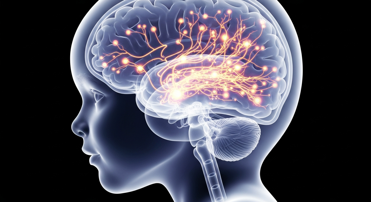 A translucent, ghostly X-ray image revealing the intricate neural structures of a child's brain, conveying the clinical yet hopeful insights gained through virtual neurodevelopmental assessments.