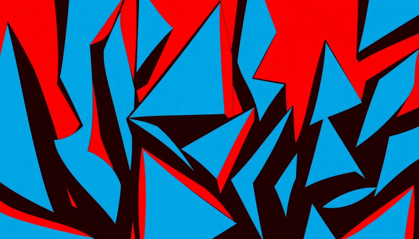 An abstract, minimalist illustration featuring sharp, angular shapes in deep blue, red, and black, conveying the dynamic energy of an indie comics and cosplay event.