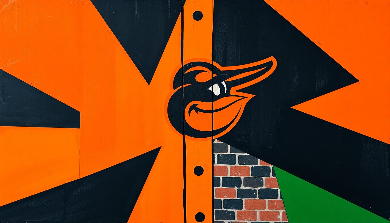 A cubist, fragmented painting depicting the key design elements of the Orioles' City Connect 2.0 jersey, including the Baltimore 'B' logo, Oriole bird, and brick pattern, rendered in a vibrant color palette of orange, black, and green.