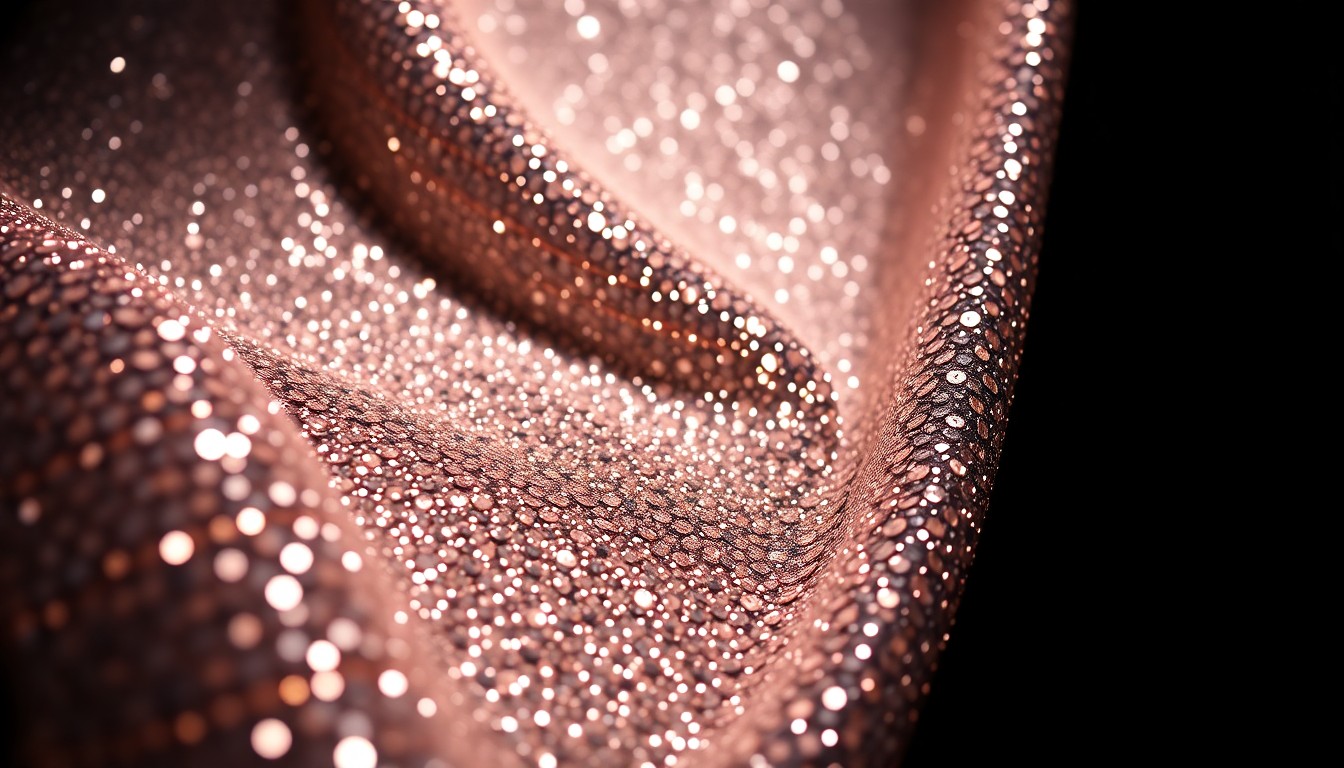 An abstract, high-contrast close-up photograph of a glittering, sequined fabric, capturing the luxurious textures and dramatic lighting associated with celebrity fashion.