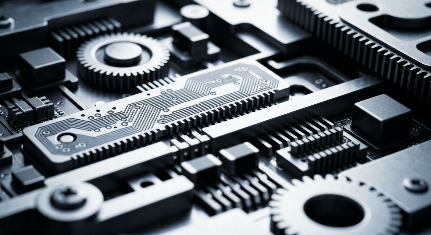 An extreme close-up of a complex array of metal gears, circuits, and other financial machinery, conveying a sense of the intricate systems that power the global economy.