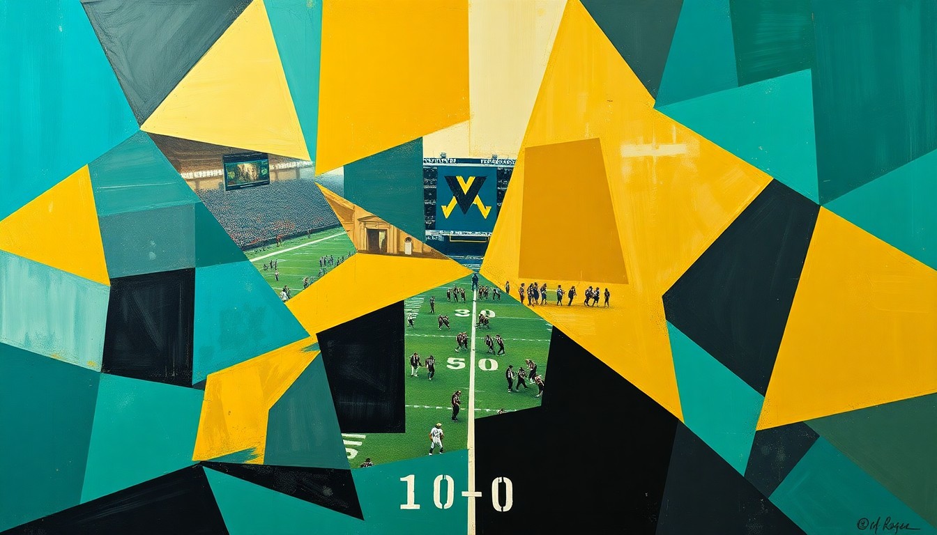 A cubist, geometric painting depicting fragmented, overlapping shapes and planes in shades of teal, gold, and black, conceptually representing the Jaguars' efforts to maneuver in the NFL draft.