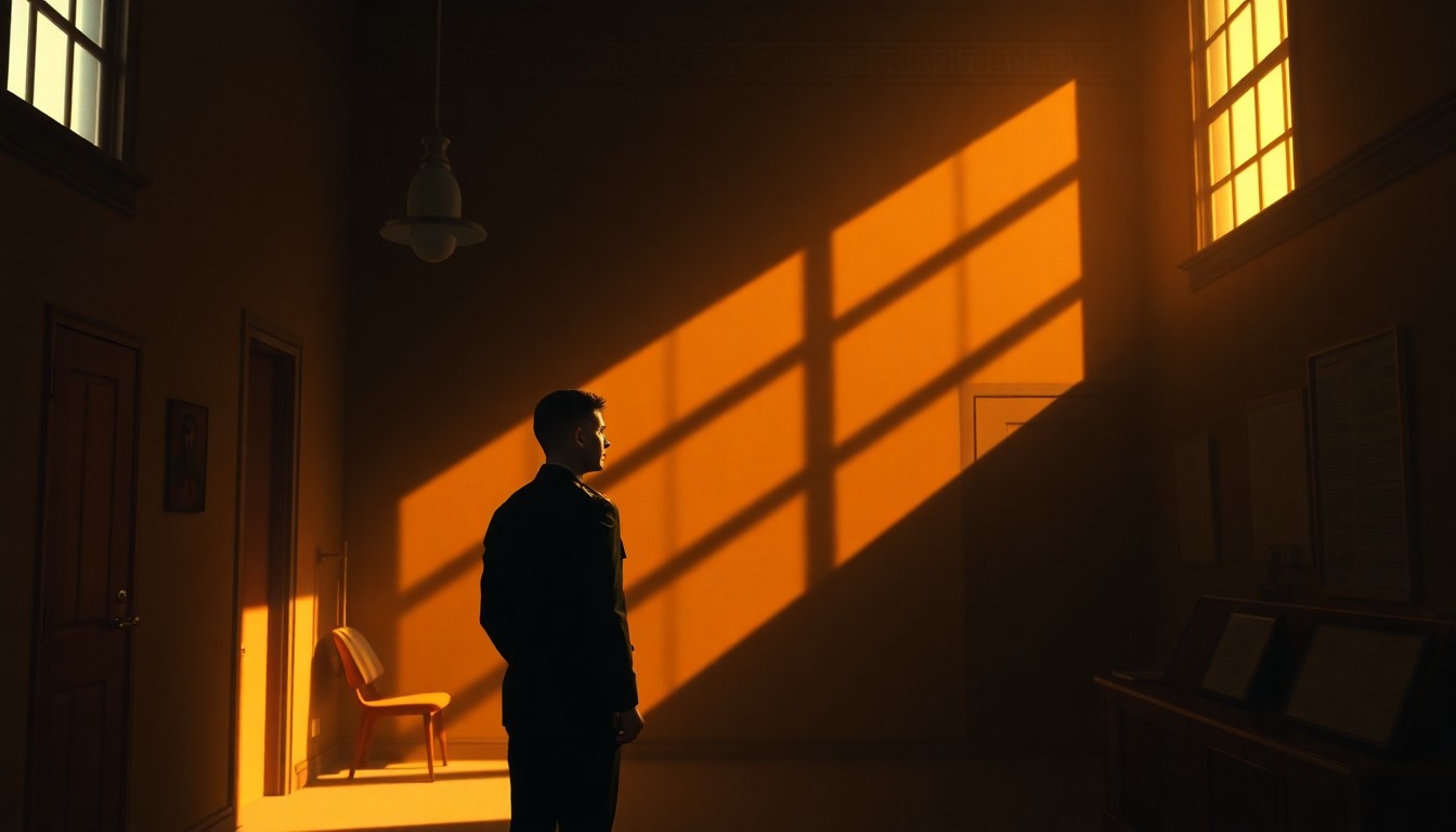 A solitary military officer in uniform stands alone in a dimly lit government office, bathed in warm, diagonal sunlight and deep shadows, conveying a sense of contemplation and moral uncertainty.