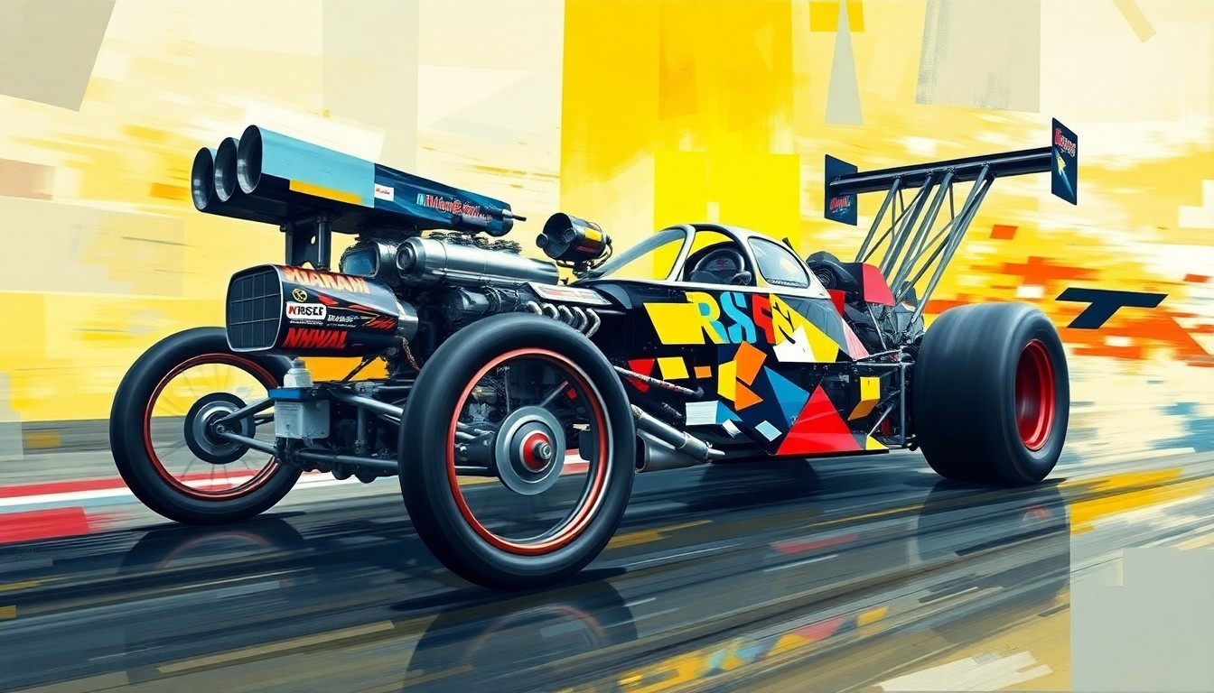 A fractured, multi-perspective painting depicting an NHRA dragster in a blur of motion, with the vehicle's engine, chassis, and wheels deconstructed into abstract shapes and planes of color.