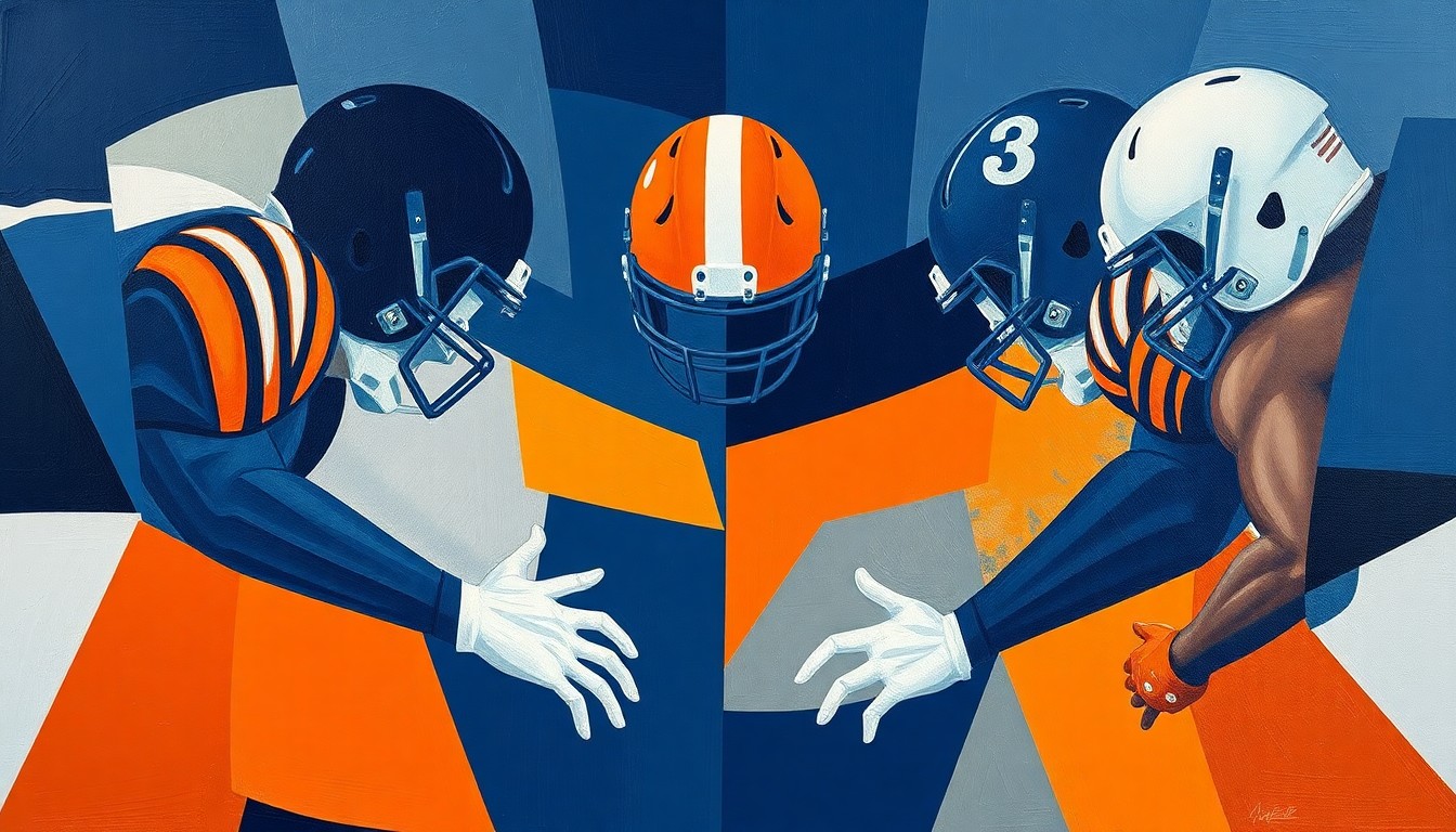 A cubist, geometric painting depicting the fragmented forms of football players on an offensive line, with sharp planes of navy blue, orange, and white overlapping to create a dynamic, abstract composition.