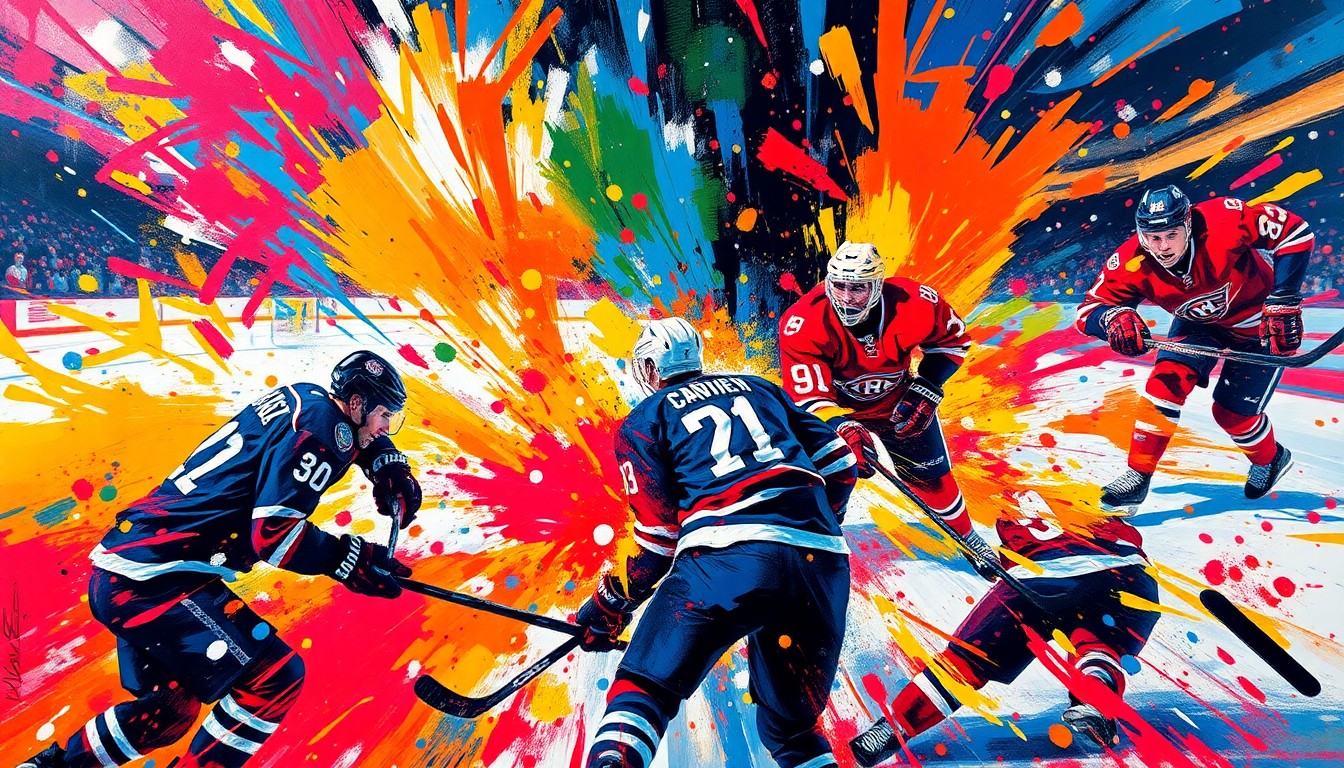 An abstract, expressionist painting in neon colors depicting the chaotic energy and movement of a professional hockey game, with players' forms dissolving into vibrant brushstrokes.