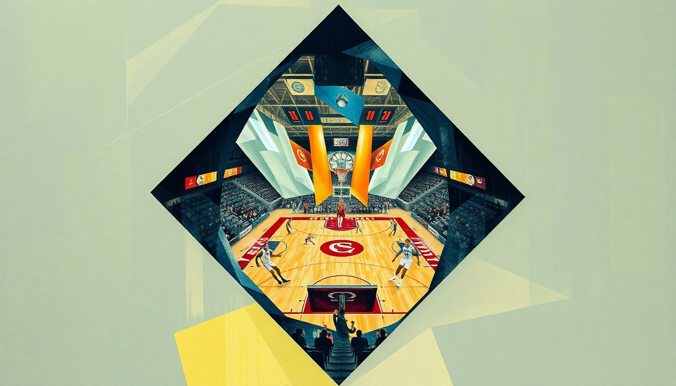 A fragmented, geometric painting depicting the dynamic movements and competing perspectives of a college basketball match, rendered in Picasso's signature cubist style.