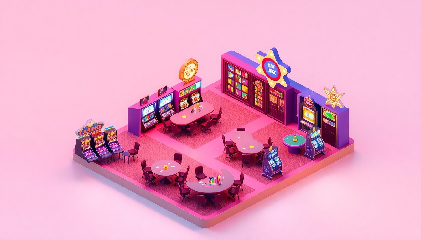 A colorful, stylized 3D digital illustration depicting a miniature casino environment with slot machines, gaming tables, and dining areas, capturing the excitement and energy of the upcoming casino test days and grand opening.
