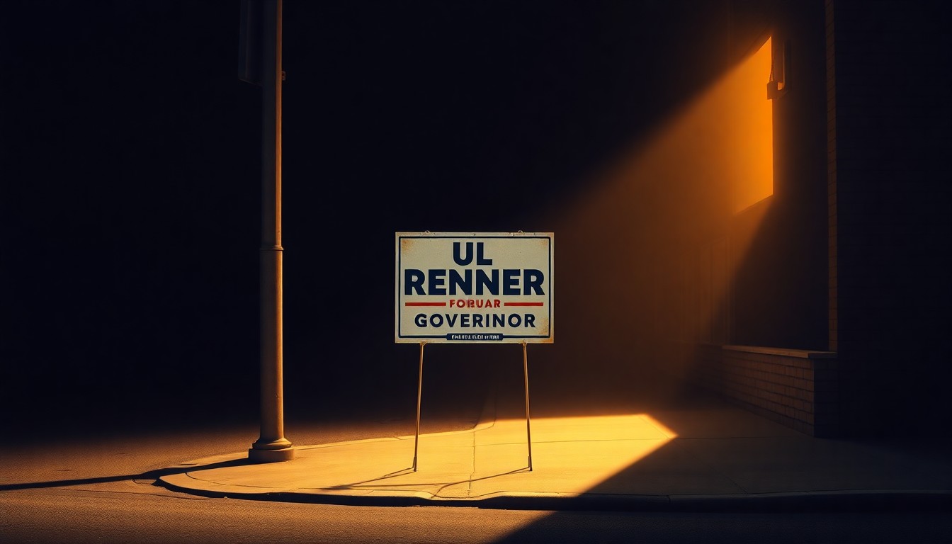 A solitary, weathered campaign sign for a political candidate standing alone on a dimly lit street corner, with warm sunlight and deep shadows creating a cinematic, nostalgic mood.