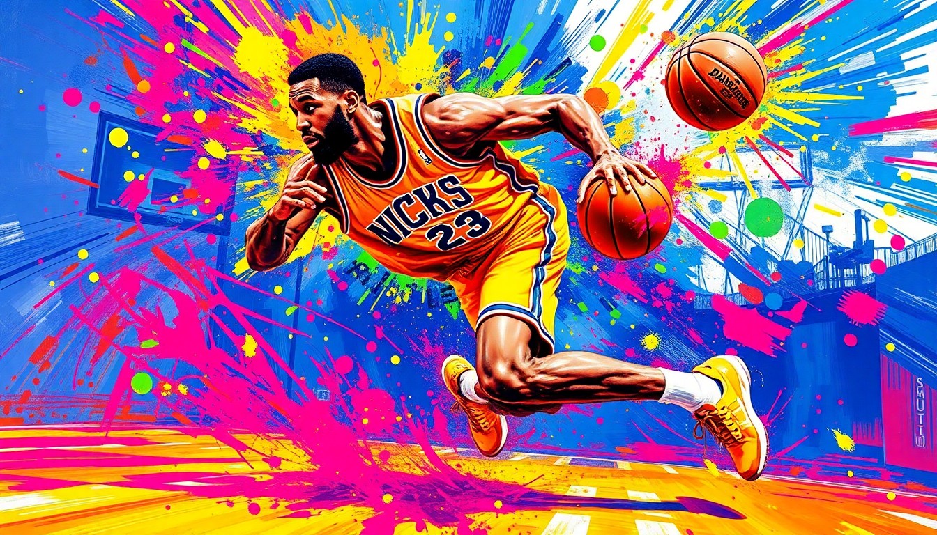 An abstract, expressionist painting in neon colors depicts a basketball player twisting and turning, their face and jersey dissolving into unrecognizable brushstrokes, conveying the raw energy and movement of the sport.