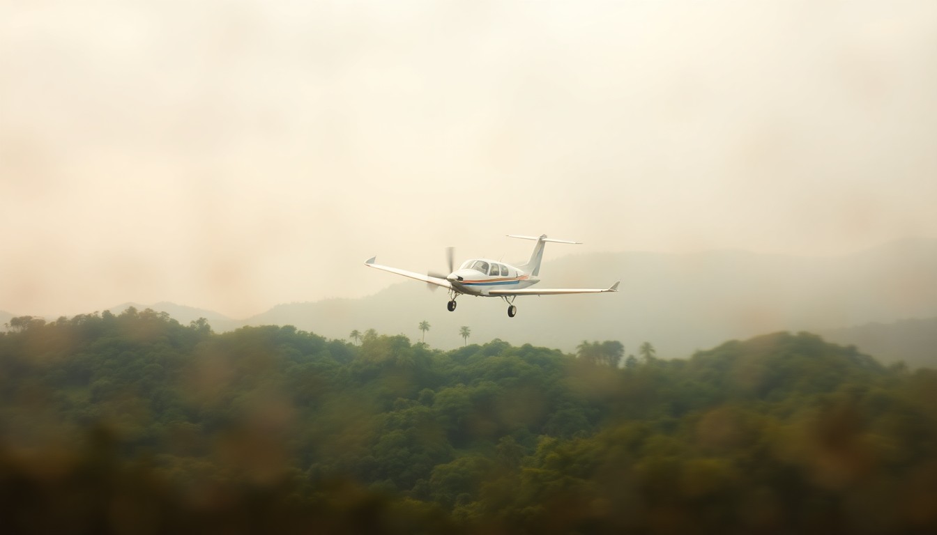 An impressionistic, out-of-focus photograph depicting a hazy, dreamlike scene of a small plane flying over a lush, verdant jungle landscape, conveying the remote and challenging environment where the plane crash occurred.