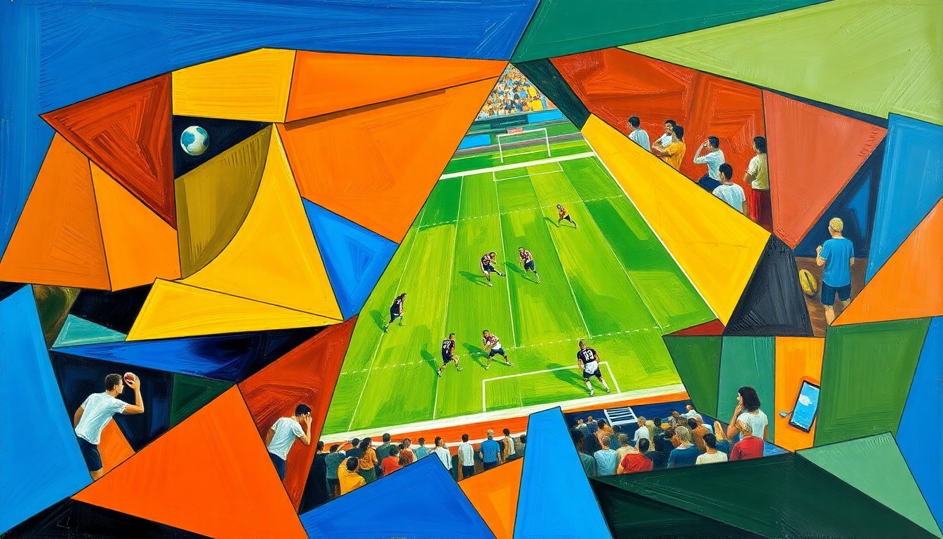 A cubist-style painting depicting a fragmented football field with players and action rendered in sharp, geometric shapes and vibrant colors, conveying the dynamic nature of the upcoming NFL Draft and the potential for teams to find impactful wide receiver prospects.