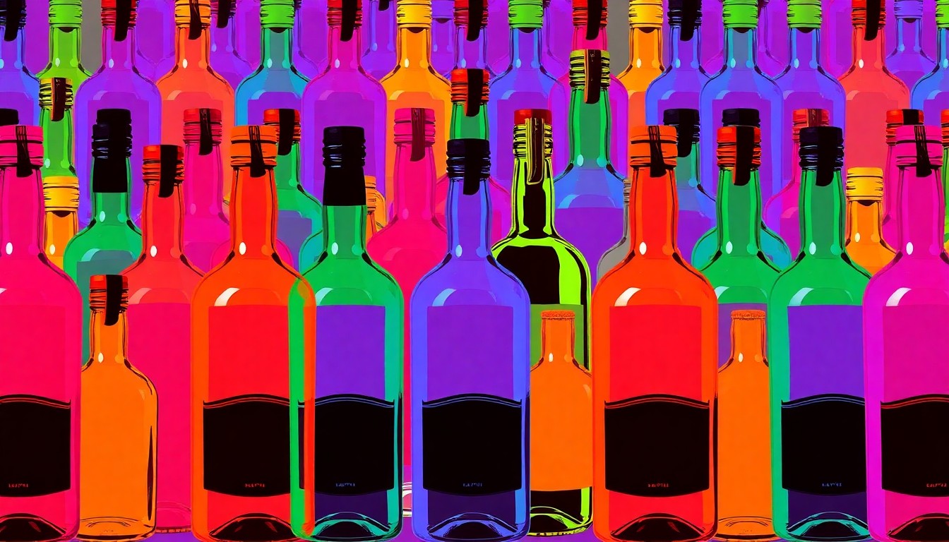 A brightly colored, high-contrast silkscreen print of a single, iconic Virginia spirits bottle repeated in a tight grid pattern, capturing the celebratory and creative spirit of the limited-edition 250th anniversary release.