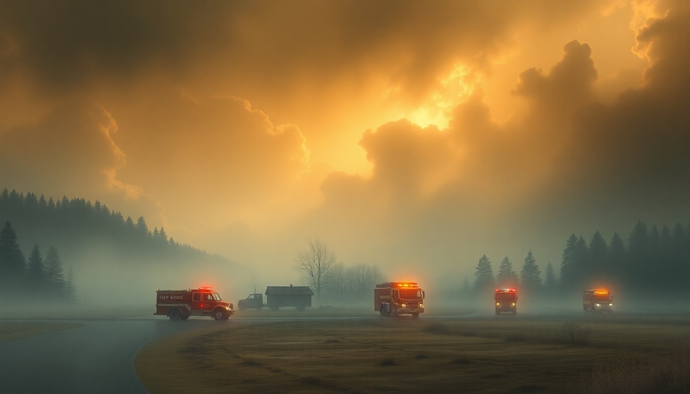 A dramatic, atmospheric landscape painting in muted earth tones, with the silhouettes of emergency vehicles and a fire department building barely visible through thick, swirling fog or smoke, conveying the overwhelming scale and uncertainty of a hazardous materials incident.