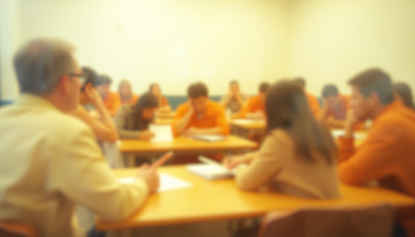 An abstract, hazy scene of incarcerated students engaged in a classroom discussion, captured in soft, warm-toned pools of light and color.