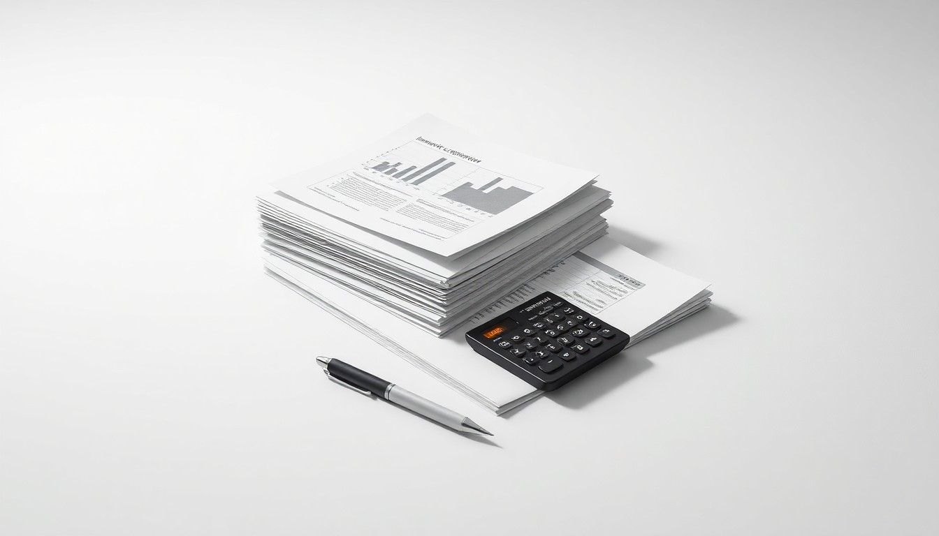 A minimalist studio still life photograph featuring a stack of financial reports, a calculator, and a pen arranged on a clean, white background, conveying the abstract concepts of corporate strategy and market performance.