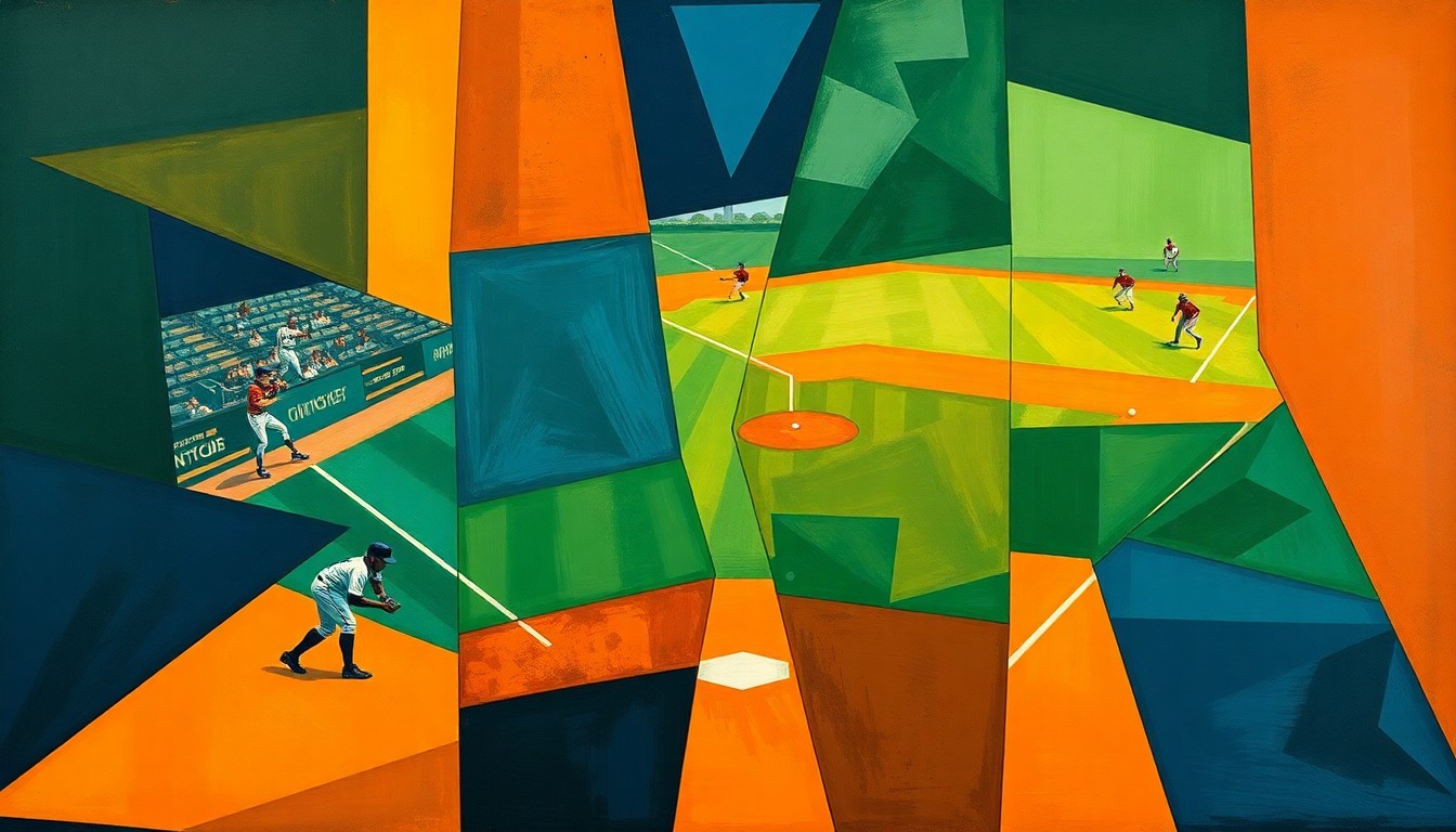 A fragmented, geometric painting depicting a baseball game or match, with the players and field broken down into sharp, overlapping shapes in a vibrant color palette, capturing the complex roster decisions facing the Mariners.