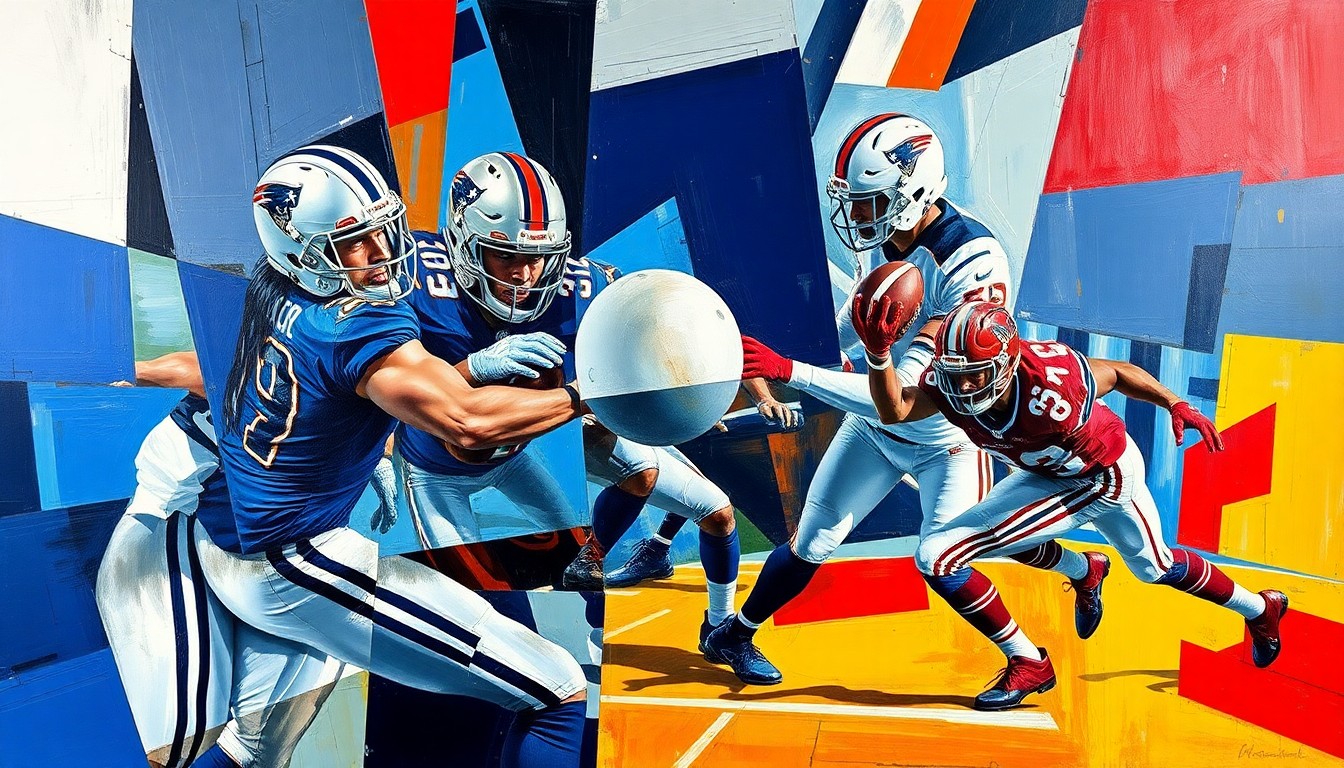 A fragmented, geometric painting depicting overlapping planes of a football player in motion, with sharp lines and vibrant colors representing the intensity of the game.