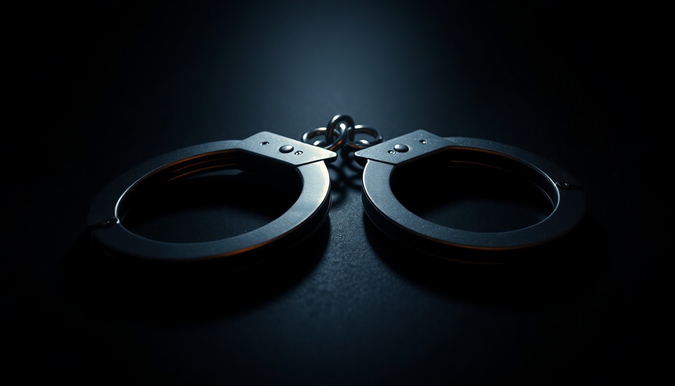An extreme close-up photograph of a pair of handcuffs lying on a dark surface, lit by a harsh, direct camera flash, conceptually representing the legal aftermath of a violent incident.