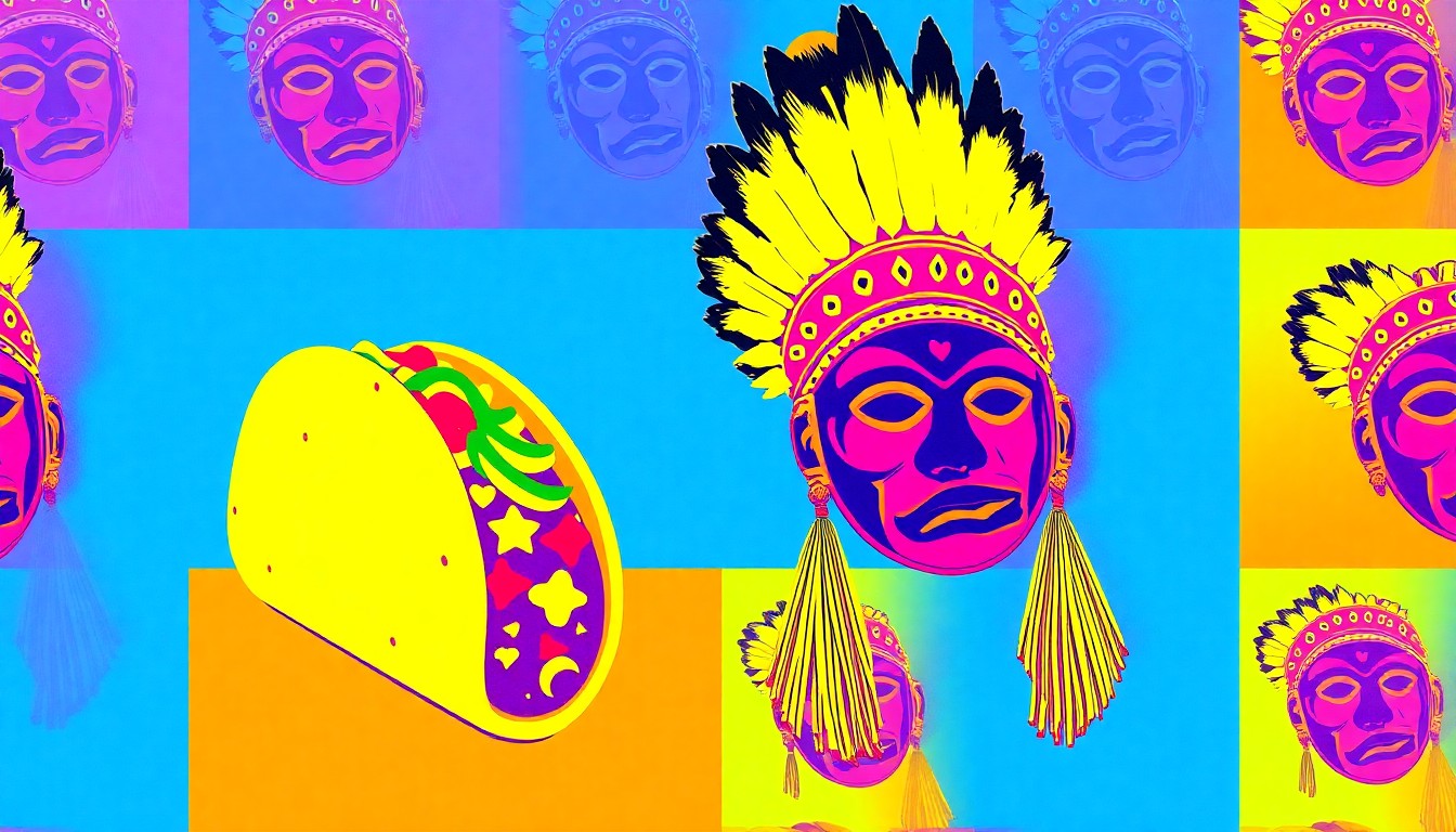 A brightly colored, high-contrast silkscreen print featuring repeated images of a taco, traditional Native American dance regalia, and a theater mask, all rendered in a bold, pop art style.