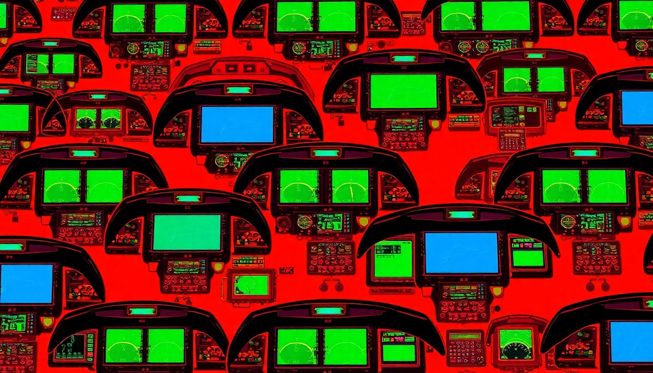 A brightly colored, high-contrast silkscreen print of a Redbird flight simulator control panel repeated in a tight grid pattern, utilizing flat, vibrant, and unnatural neon color palettes overlapping with heavy black photographic outlines to turn an everyday aviation training device into modern pop art.