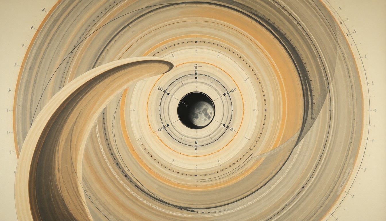 A highly structured abstract painting in soft, flat colors depicting sweeping geometric arcs, concentric planetary circles, and precise botanical spirals, representing the intricate systems and forces involved in the Artemis II mission to the Moon.