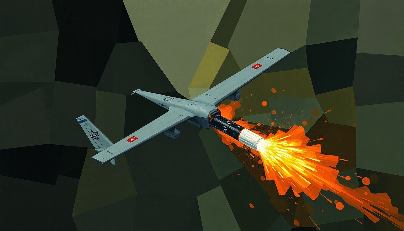 A dynamic, abstract painting featuring overlapping, fractured shapes and lines in shades of grey, green, and orange, conceptually representing the ongoing conflict and tensions between Israel and Hamas in Gaza.