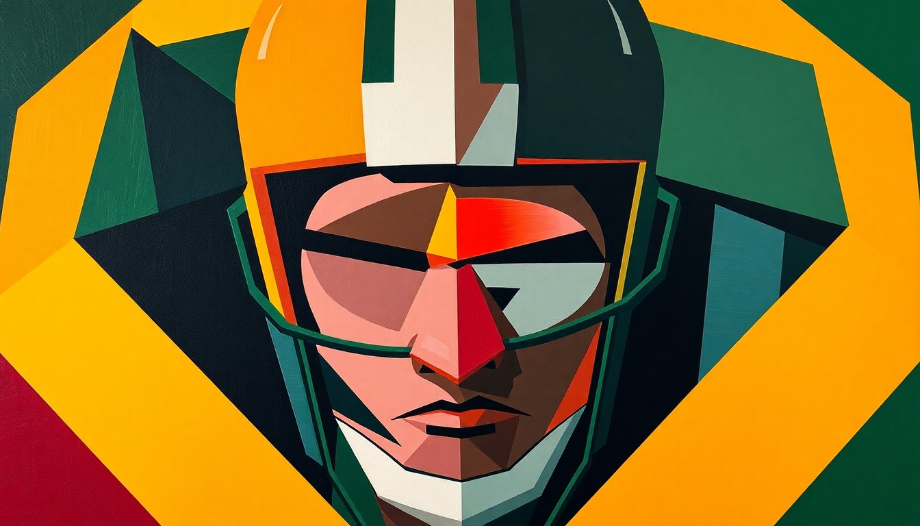 A fractured, cubist painting depicting the Green Bay Packers' new 'Rivalries' uniform design, with bold geometric shapes and colors representing the tension between tradition and innovation in sports culture.