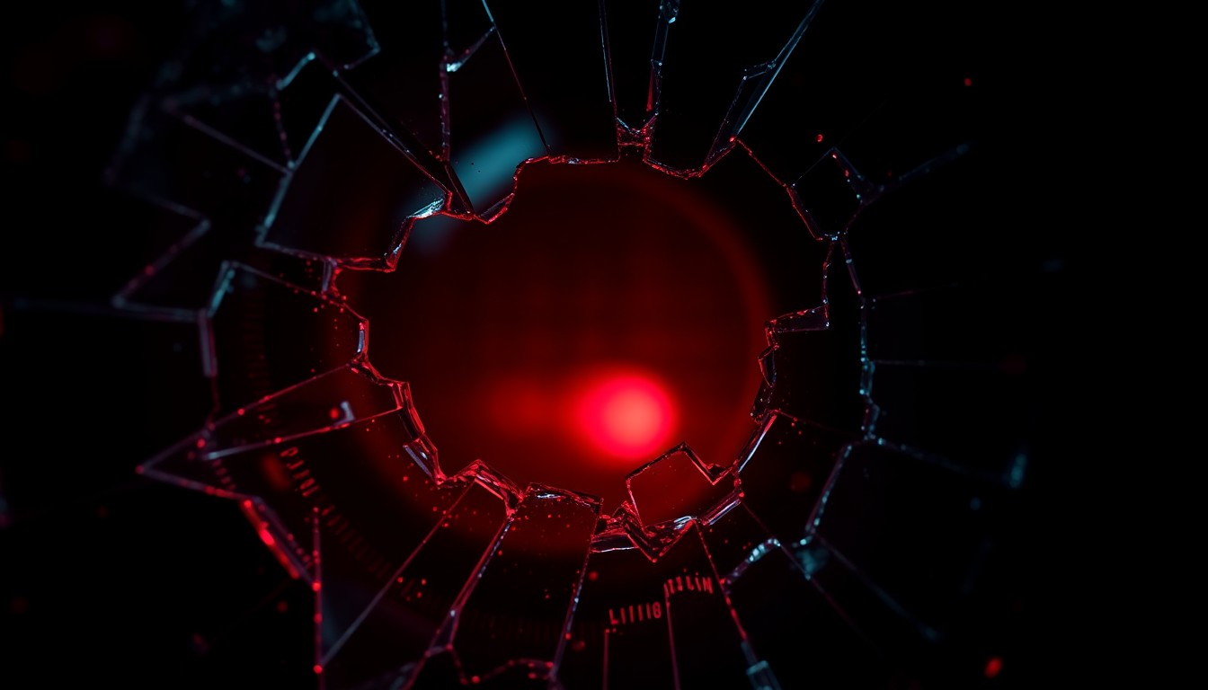 An abstract close-up photograph of a shattered glass lens reflecting a faint red light, conveying the intense and emotional nature of the 'Doc' season finale.