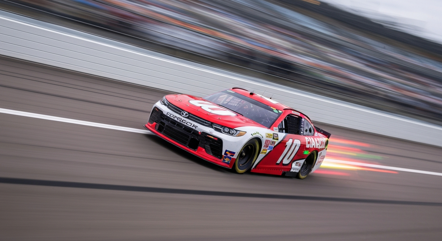 An abstract, blurred image of a NASCAR stock car in motion, with streaks of vibrant colors conveying the speed and energy of the race.