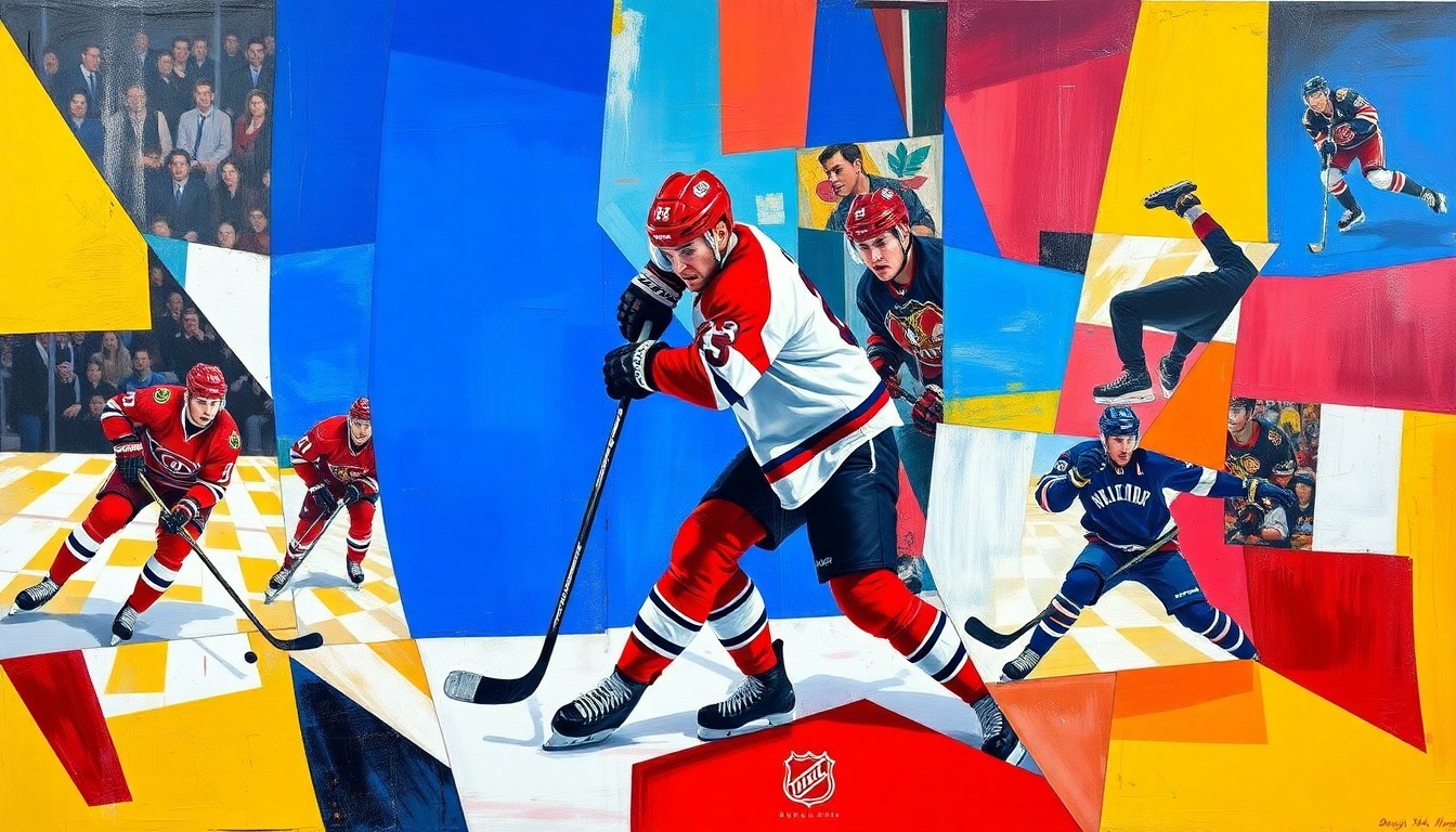 A cubist, geometric painting depicting fragmented hockey players and actions, conveying the strategic challenges teams face due to a wave of injuries in the league.