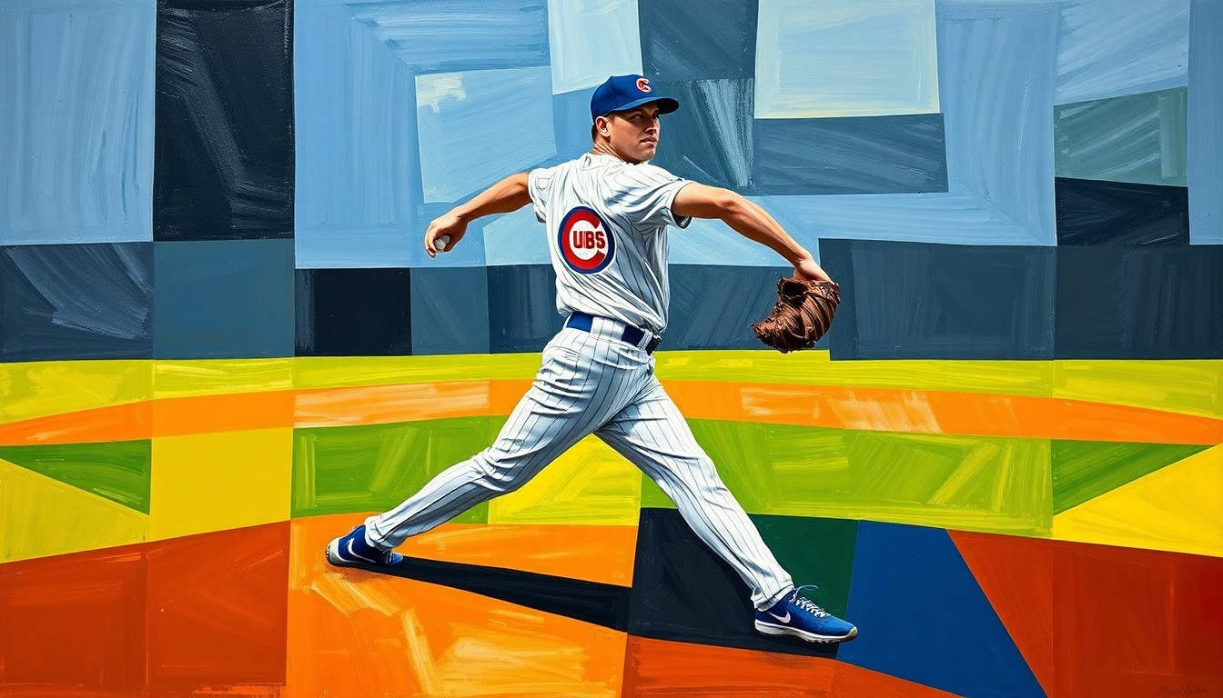 A cubist-style painting featuring sharp, overlapping geometric shapes that deconstruct a baseball pitcher's delivery, conveying the fractured nature of the Cubs' pitching staff.
