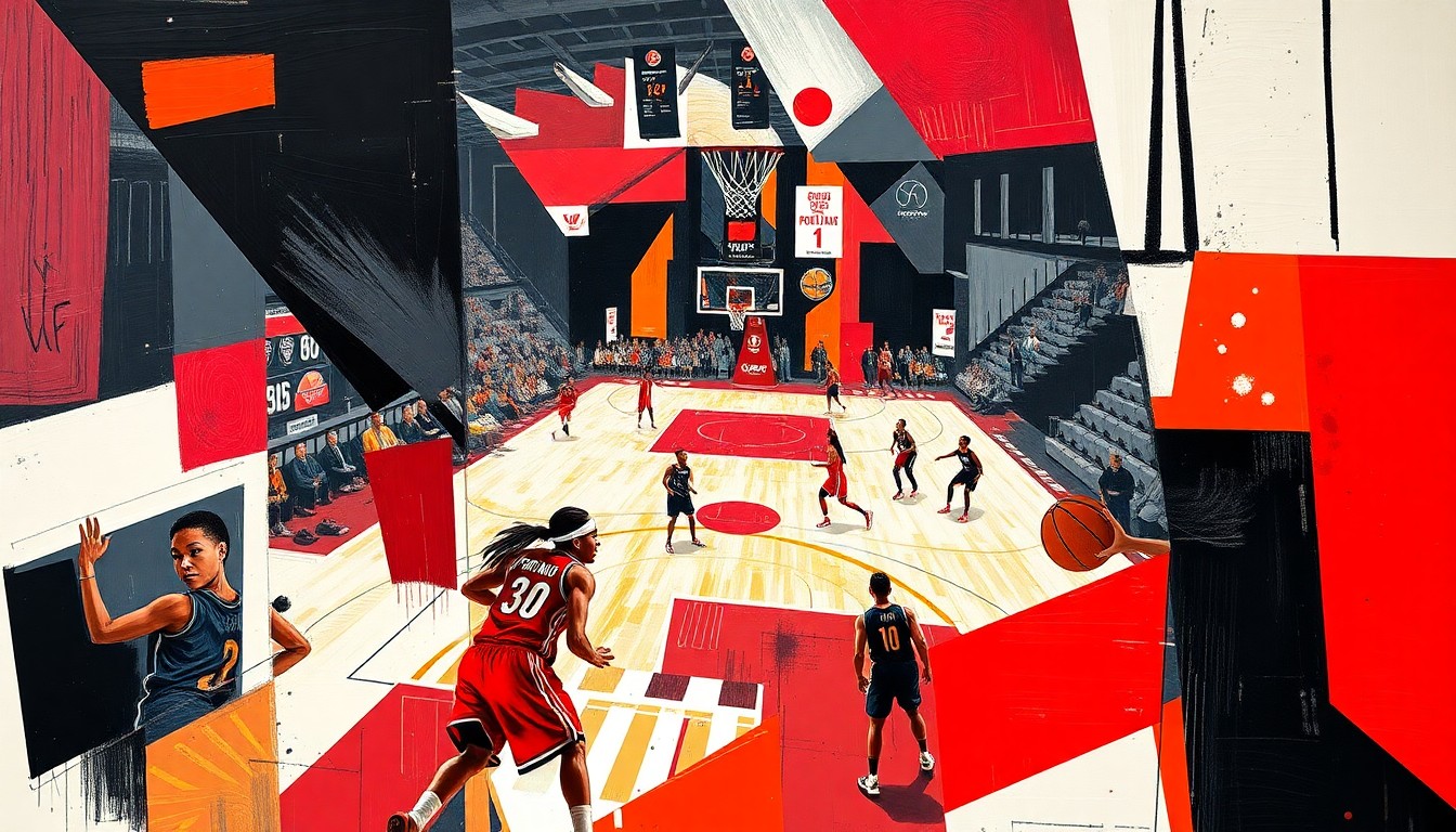A cubist, geometric painting depicting a fragmented WNBA basketball game, with sharp planes of red, black, and white representing the Portland Fire team's colors and energy.