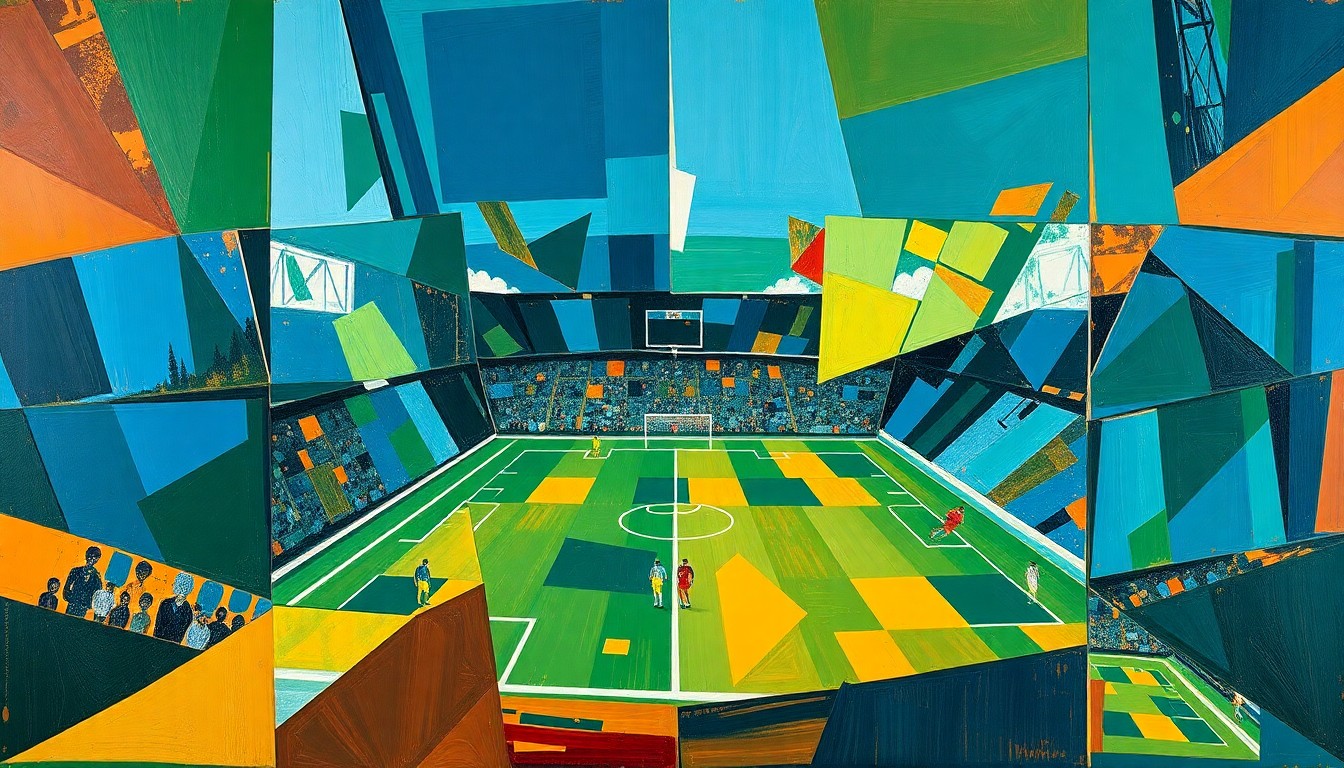 A cubist, geometric painting depicting a fragmented football field, with players and the ball represented as overlapping, angular shapes in a vibrant color palette, conceptually illustrating the strategic complexities surrounding the Seahawks' season opener.