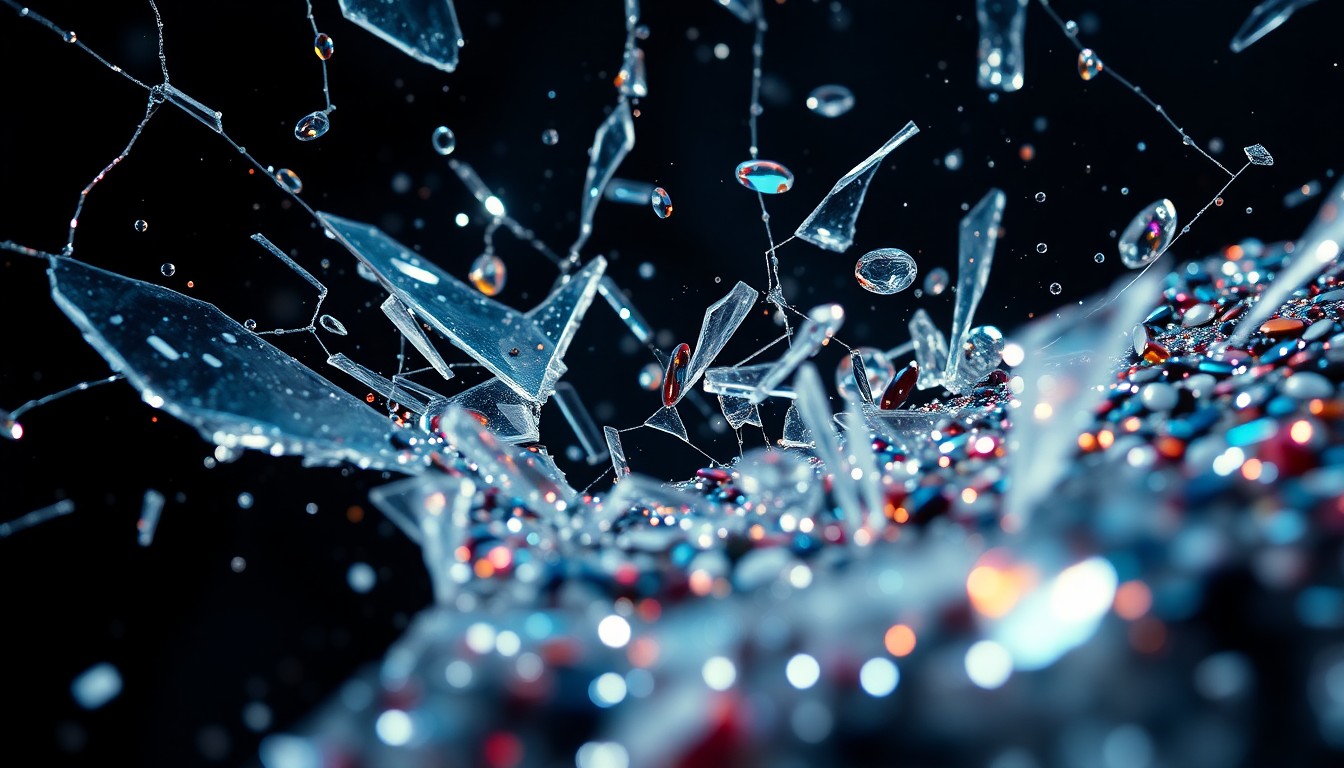 An extreme close-up of shattered glass and glittering sequins, conveying the high-stakes drama and glamour of the Marvel Cinematic Universe.